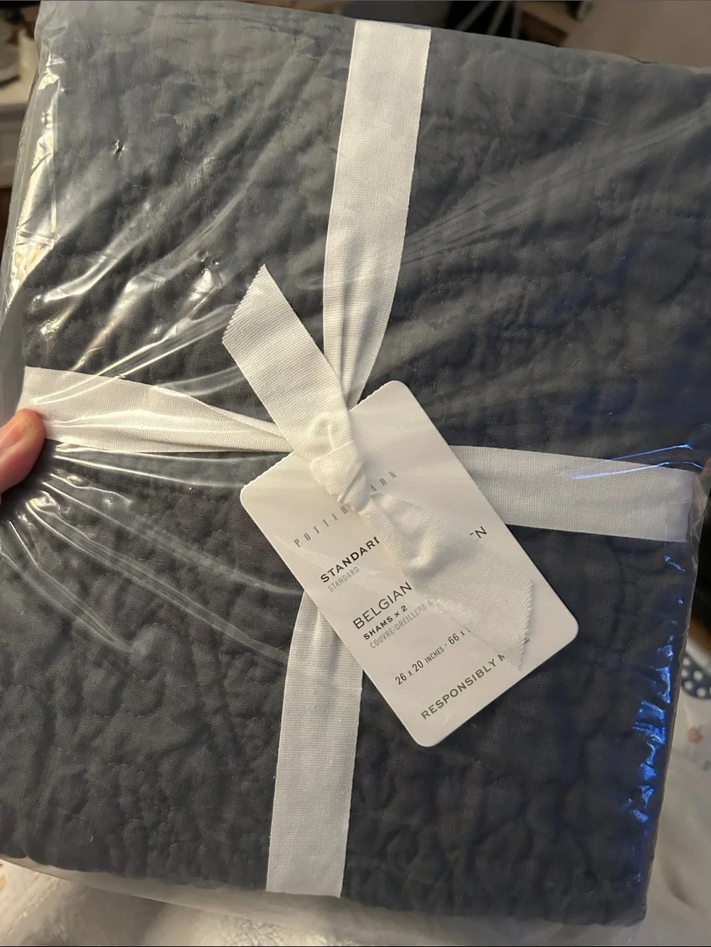 New 2 Pottery Barn Belgian Flax Linen Hand Stitched Shams Steel Blue Standard